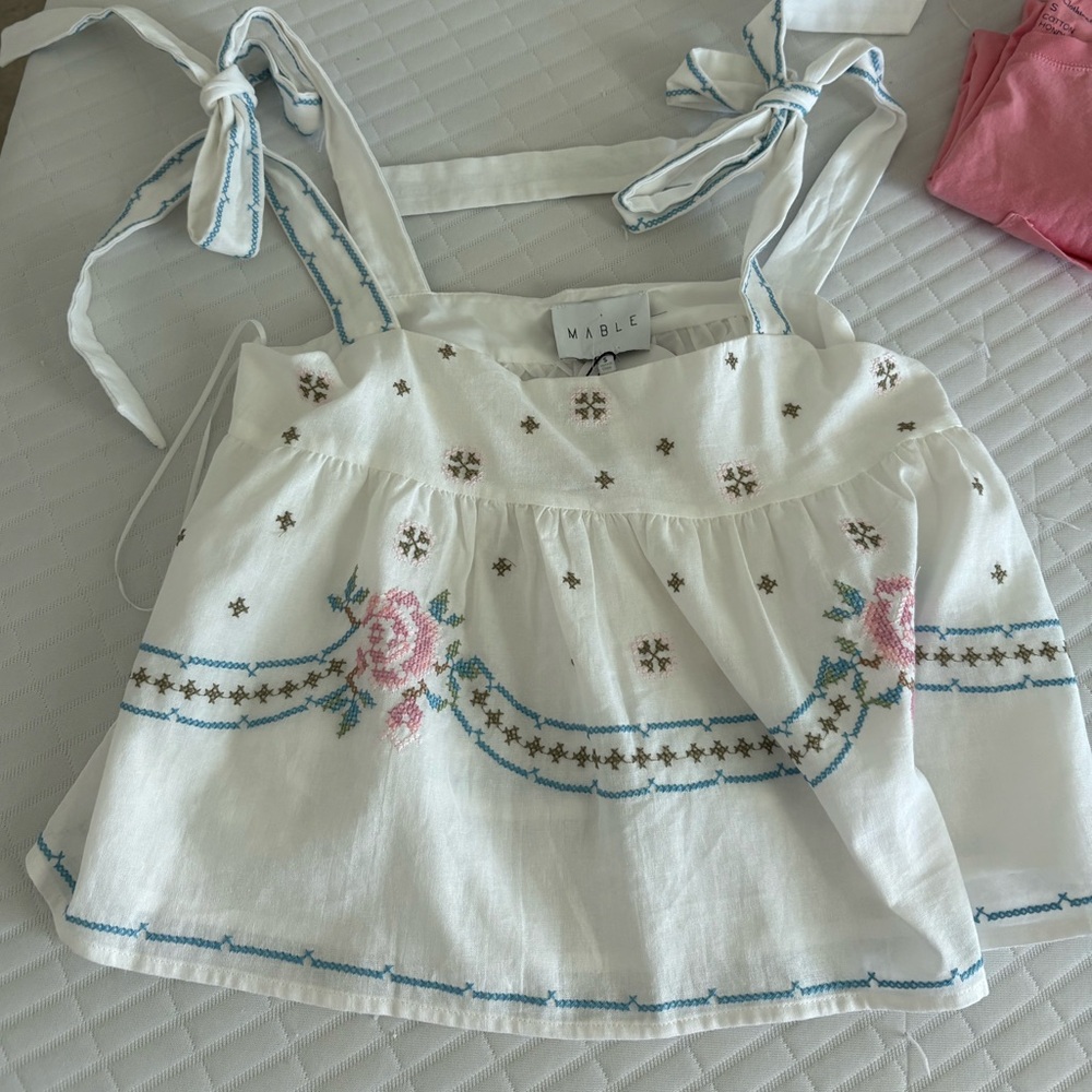 Floral White and Blue Embroidered Blouse